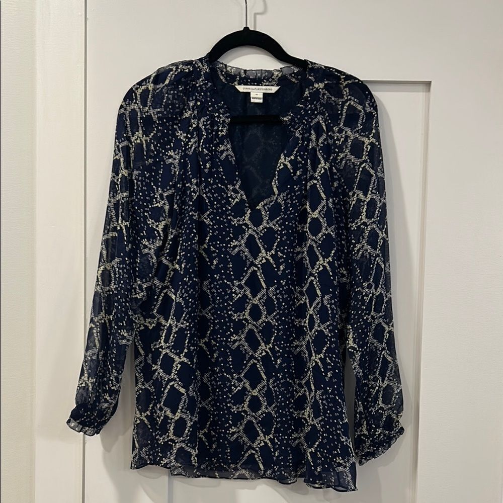 Diane Von Furstenberg Navy, White and Yellow Blouse, Size 10